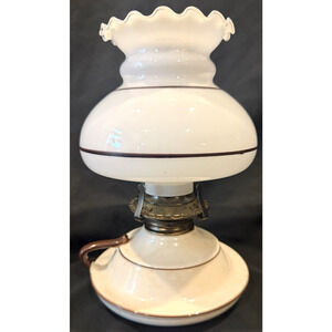 Vintage Lamplight Farms Oil Lamp Shade Stoneware Pottery Milk Glass Brown Ruffle